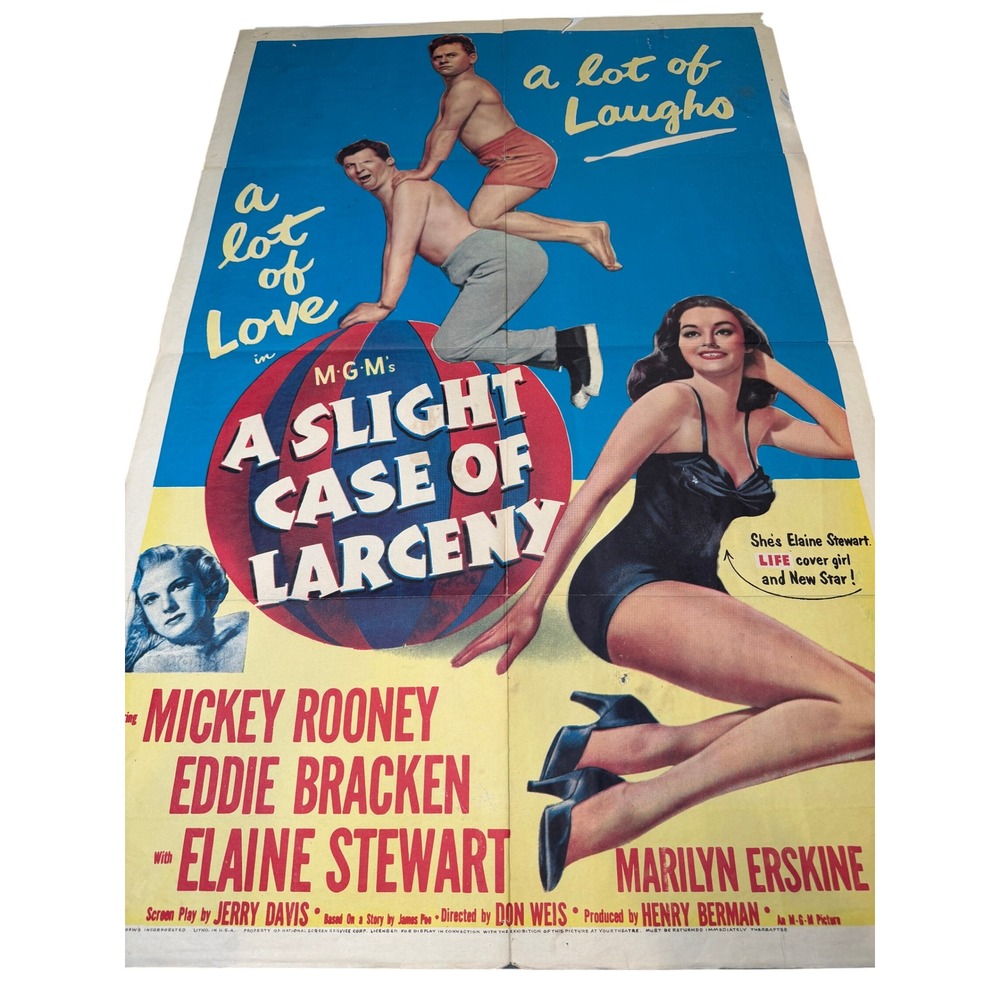 VTG A Slight Case of Larceny Movie Poster Mickey Rooney 1953 Elaine Stewart